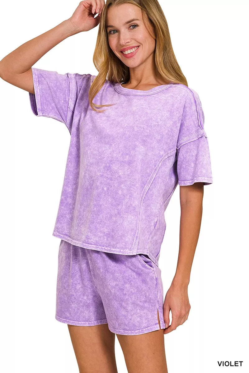 Zenana Halo Snow Washed Short Sleeve Tee and Shorts Set