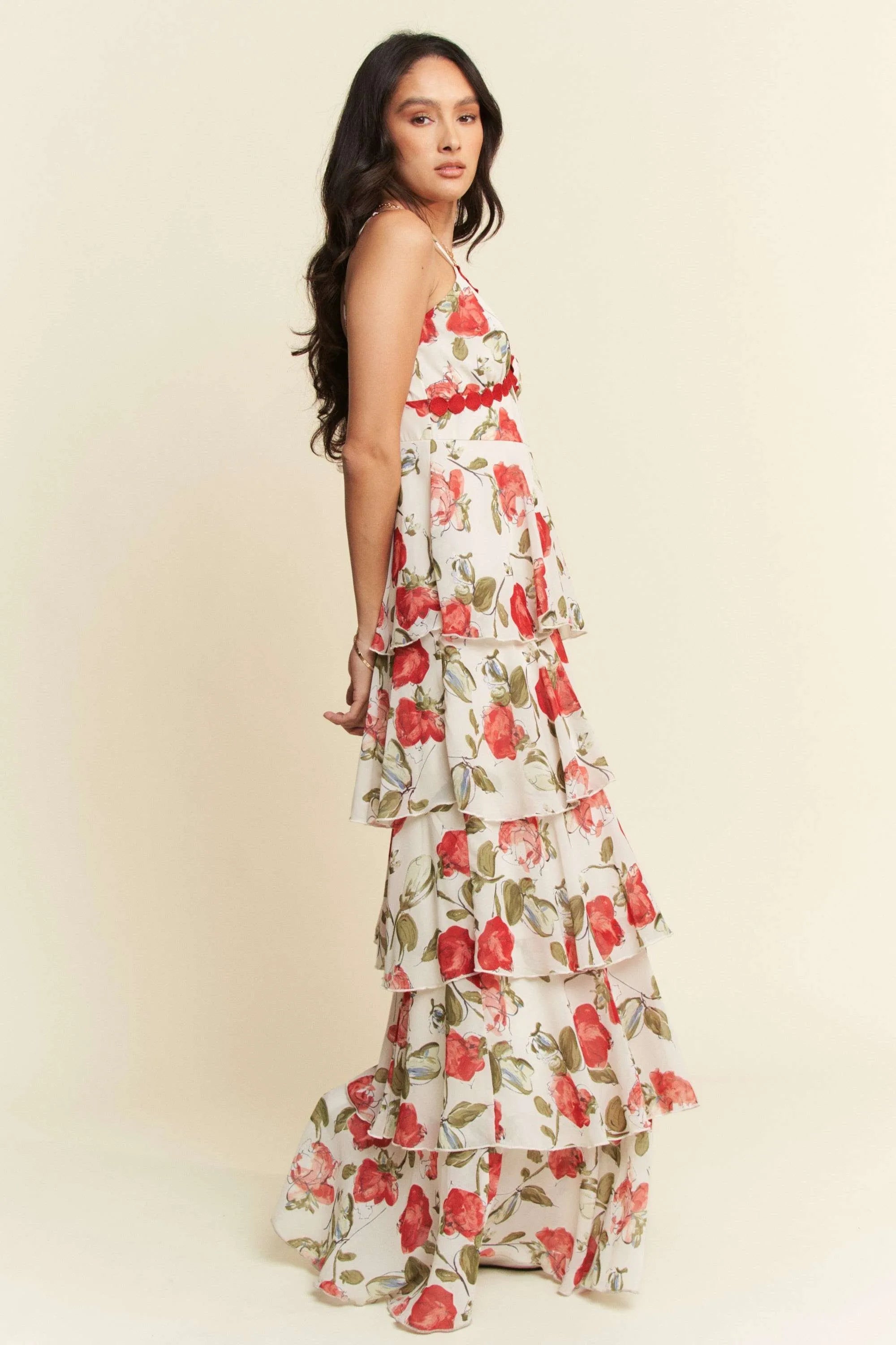 Contrast Ring Lace Layered Ruffle Maxi Cami Dress