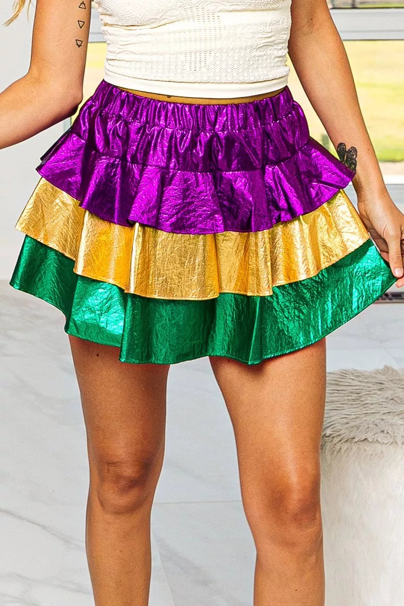 BiBi Mardi Gras Color Block Metallic Tiered Skirt For Women Glam Party Statement