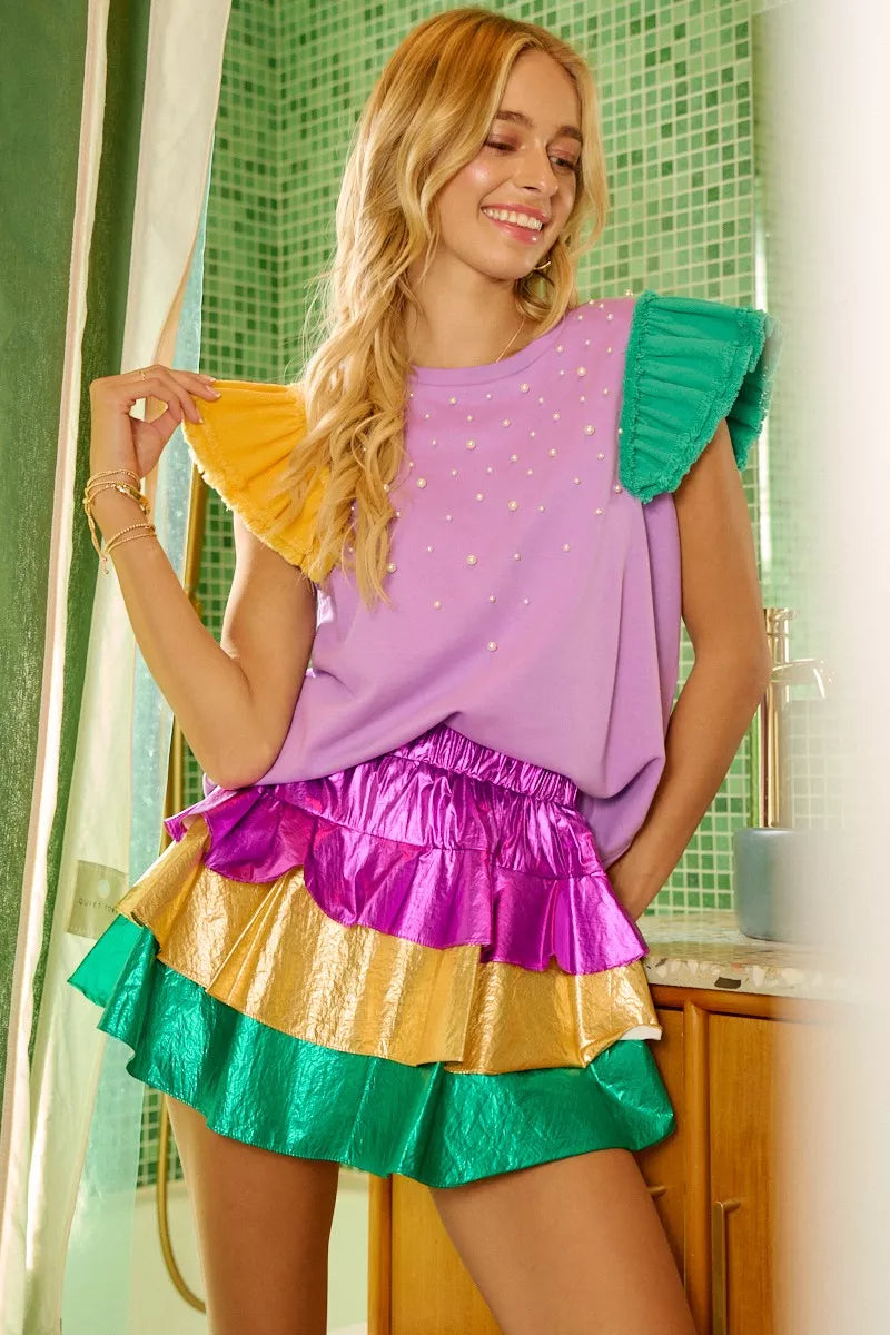 BiBi Mardi Gras Color Block Metallic Tiered Skirt For Women Glam Party Statement