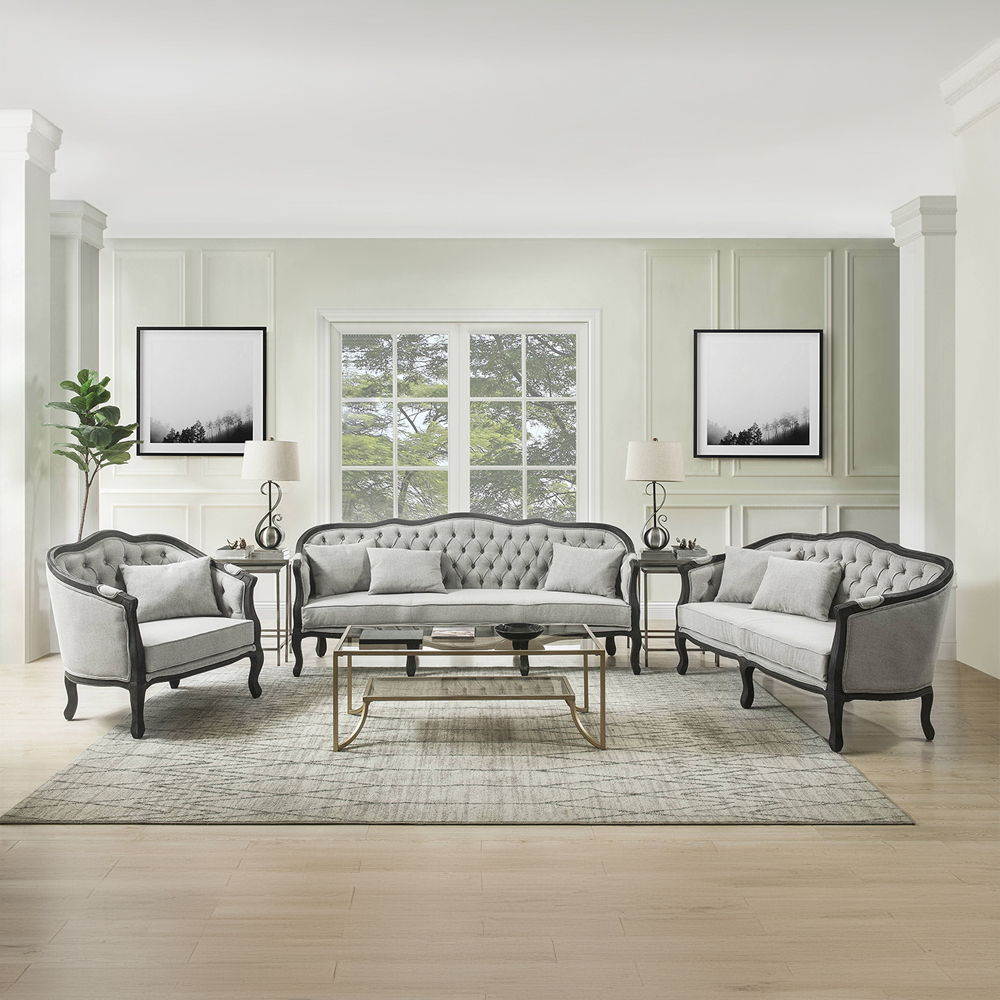 Samael - Loveseat With 2 Pillows - Gray Linen & Dark Brown