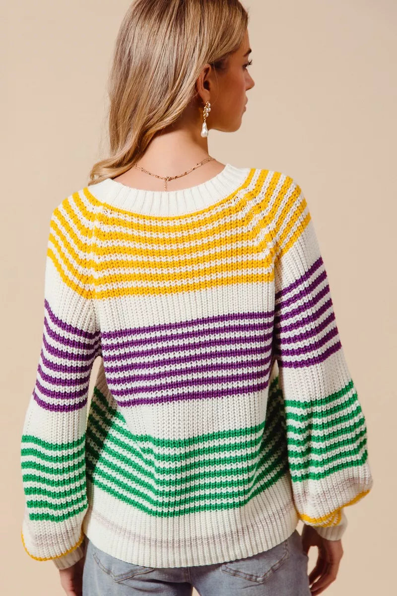 SO ME Mardi Gras Striped Raglan Sweater Top For Women Bold Colors Cozy Knit Giftable Holiday Essential