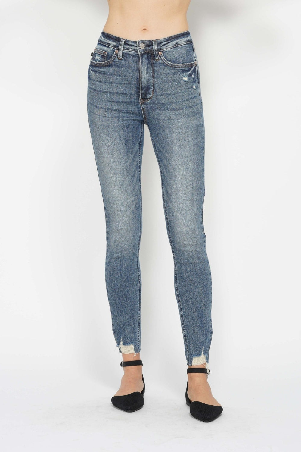 Judy Blue Tummy Control Skinny Jeans Vintage Wash With Destroyed Hem For Curvy Women