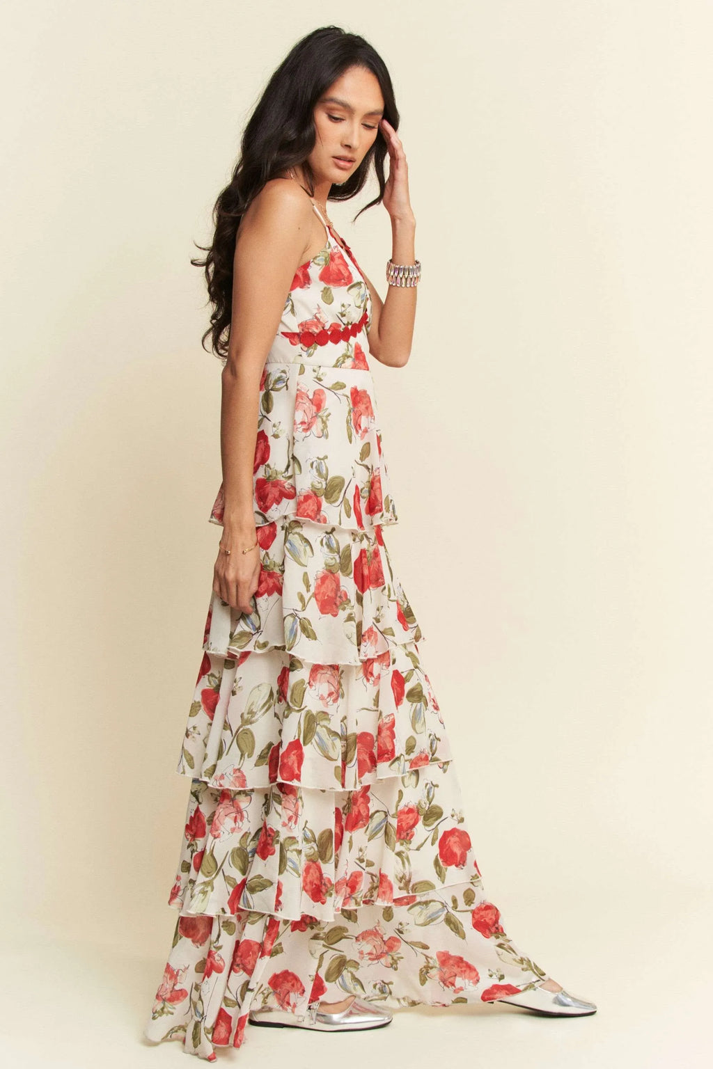 Contrast Ring Lace Layered Ruffle Maxi Cami Dress