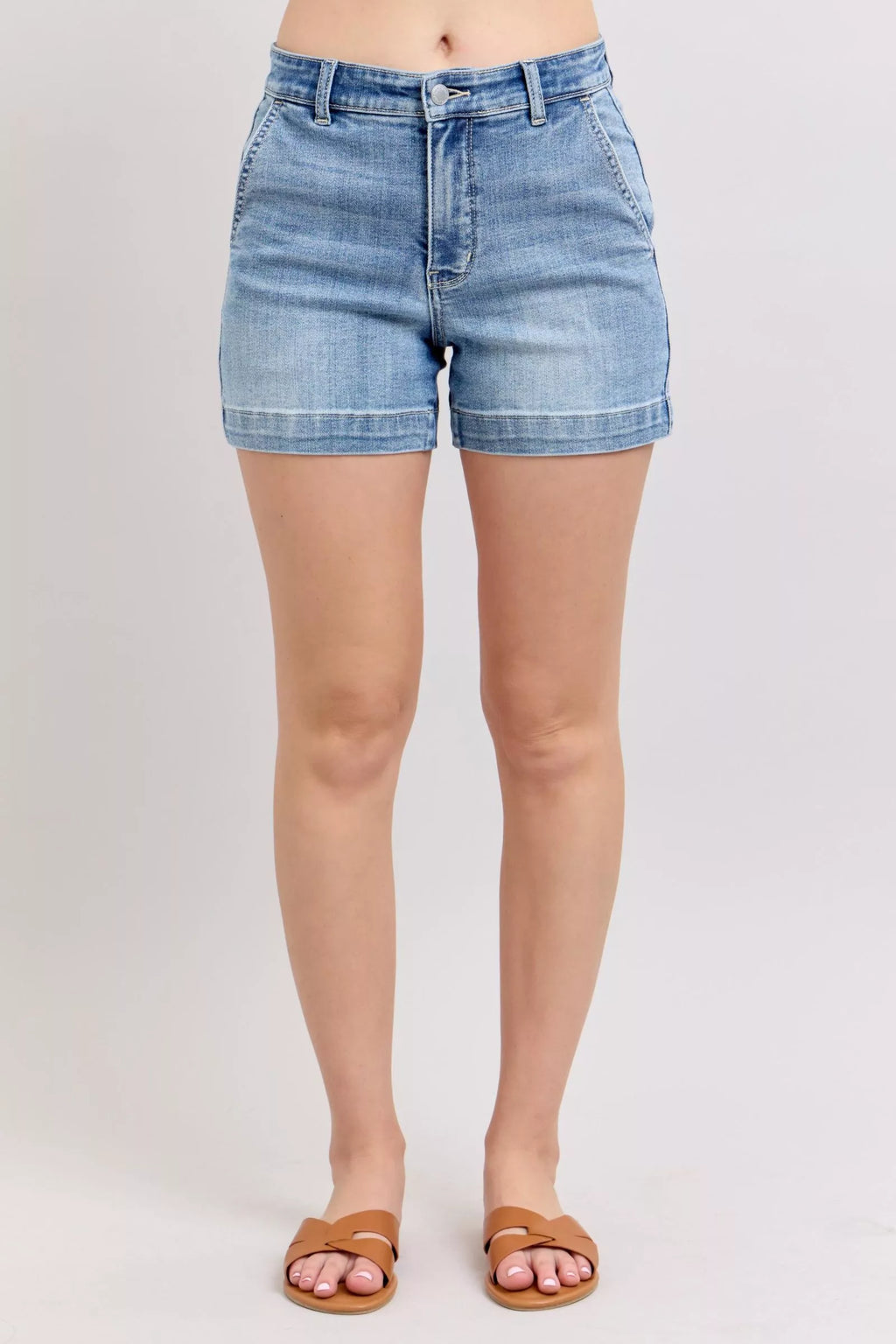 Judy Blue Mid Rise Denim Shorts For Women With Versatile Tailored Trouser Fit And All Day Comfort