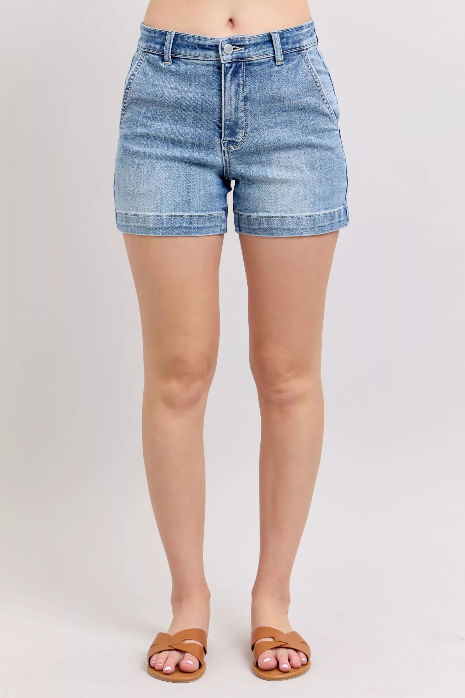 Judy Blue Mid Rise Denim Shorts For Women With Versatile Tailored Trouser Fit And All Day Comfort