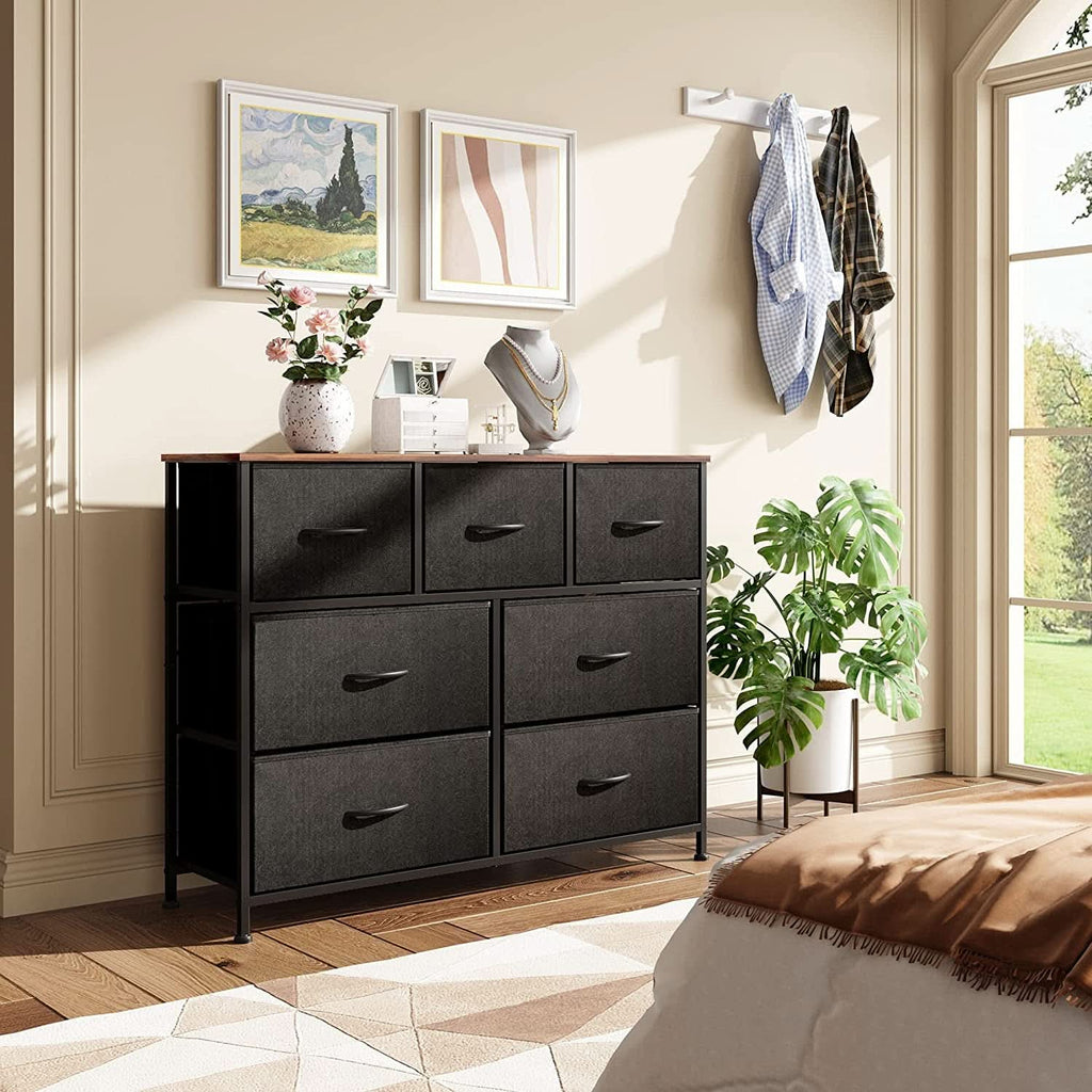 7 Drawer Dresser With Deep Storage And Wood Top Finish