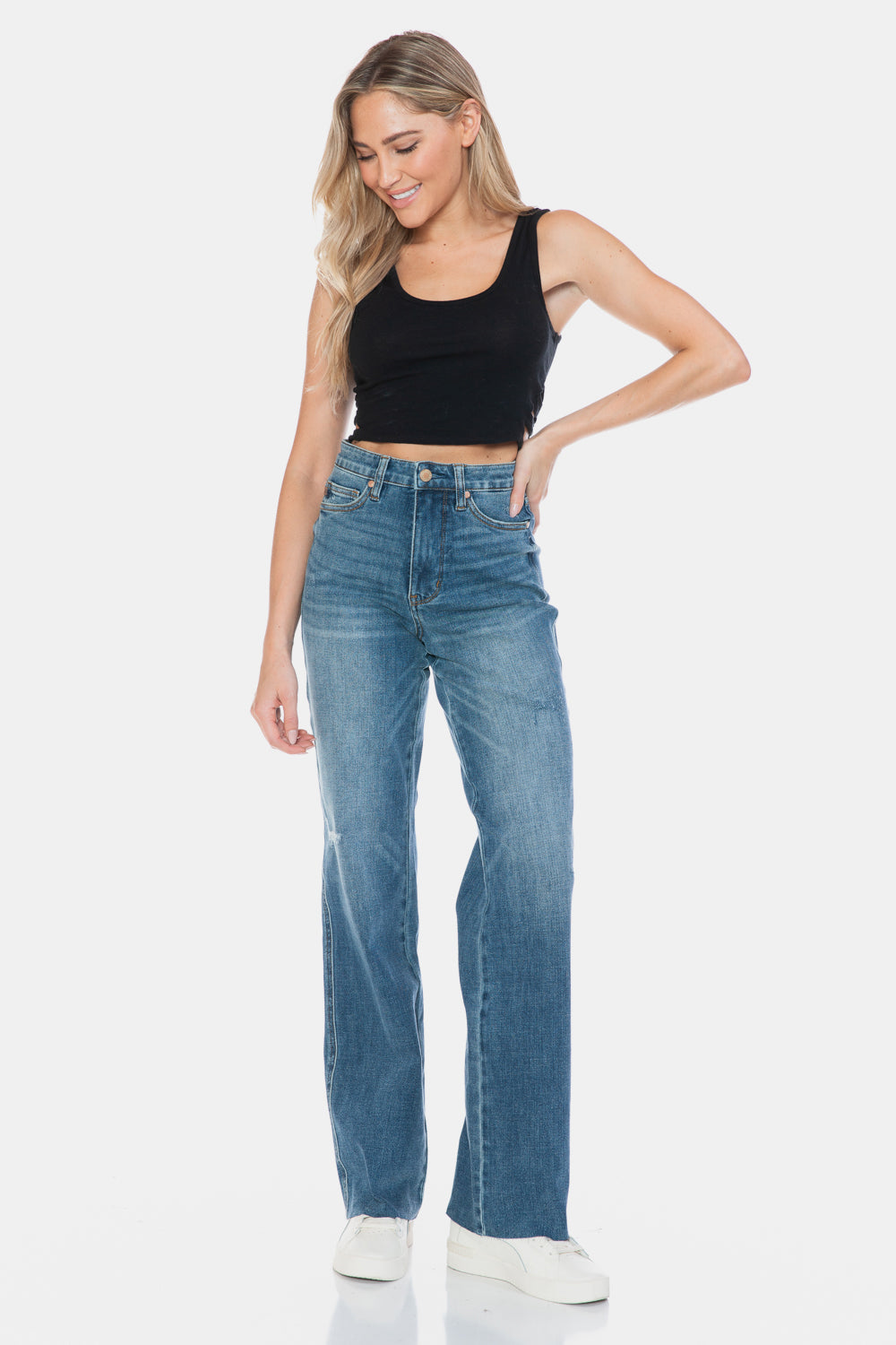 Judy Blue Full Size Tummy Control Jeans With Raw Hem For Flattering Straight Leg Fit Plus Size Women