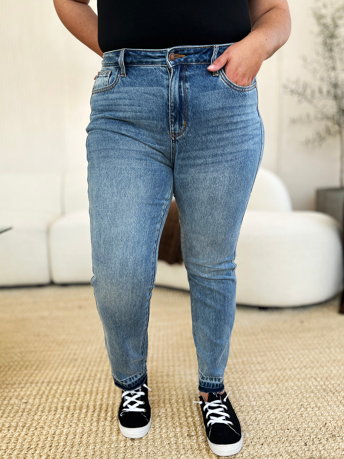 Judy Blue Full Size Mid Rise Rigid Jeans With Magic Release Hem For Women Size Down Friendly