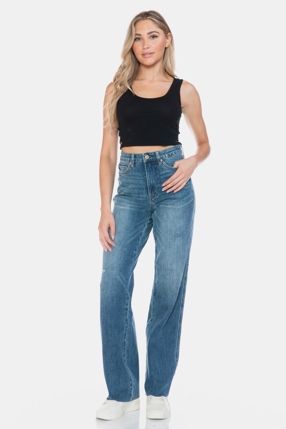 Judy Blue Full Size Tummy Control Jeans With Raw Hem For Flattering Straight Leg Fit Plus Size Women