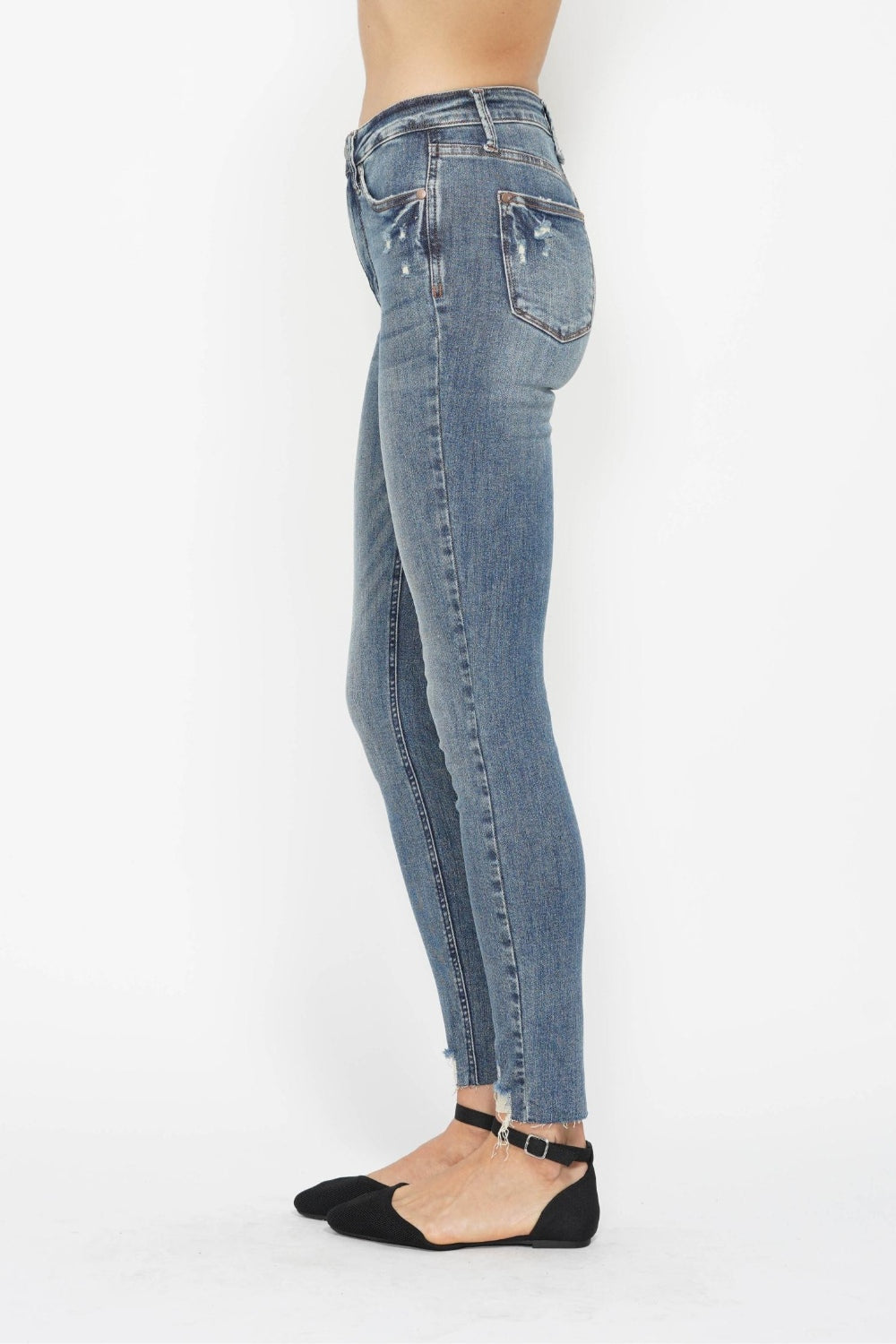 Judy Blue Tummy Control Skinny Jeans Vintage Wash With Destroyed Hem For Curvy Women