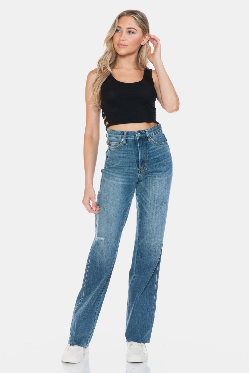 Judy Blue Full Size Tummy Control Jeans With Raw Hem For Flattering Straight Leg Fit Plus Size Women