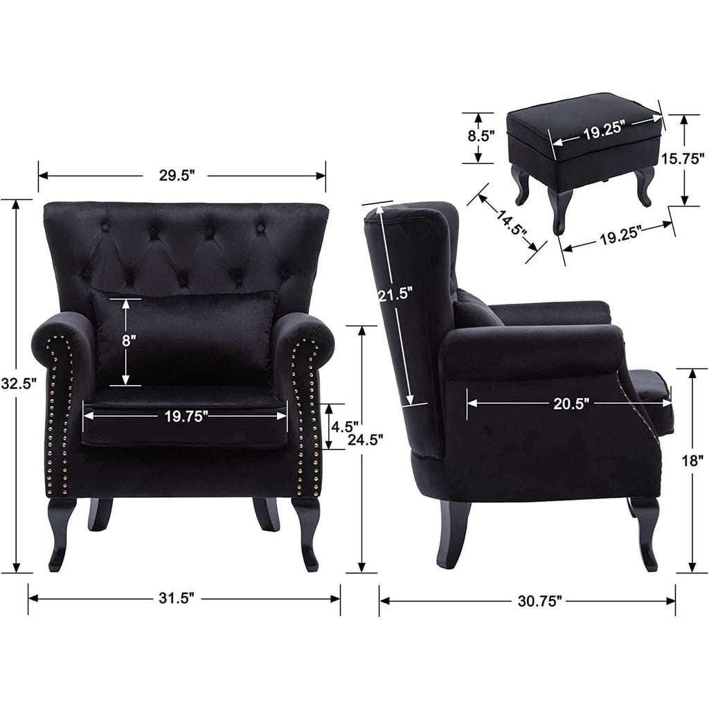 Elegant Black Velvet Wingback Chair With Ottoman Set