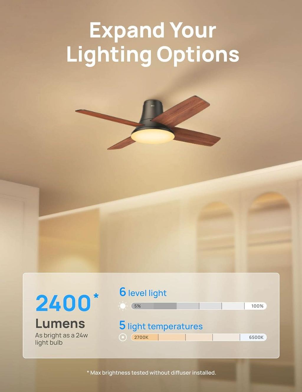 44 Inch Low Profile Black Ceiling Fan With Dimmable LED