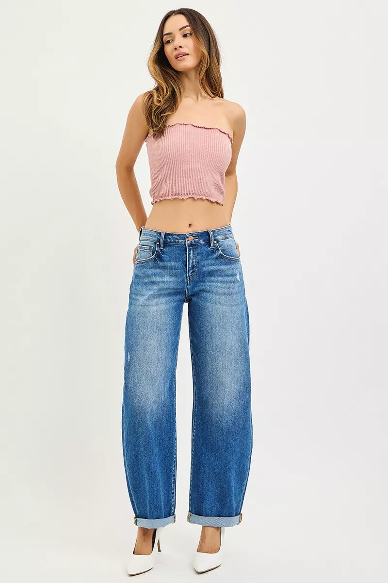 RISEN Plus Size Mid Rise Barrel Jeans With Double Roll Up Cuffs For Flattering All Day Comfort