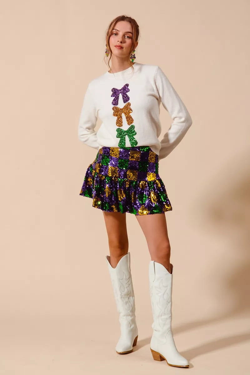 SO ME Mardi Gras Checker Sequins Mini Skirt For Women Sparkling Festive Party Statement