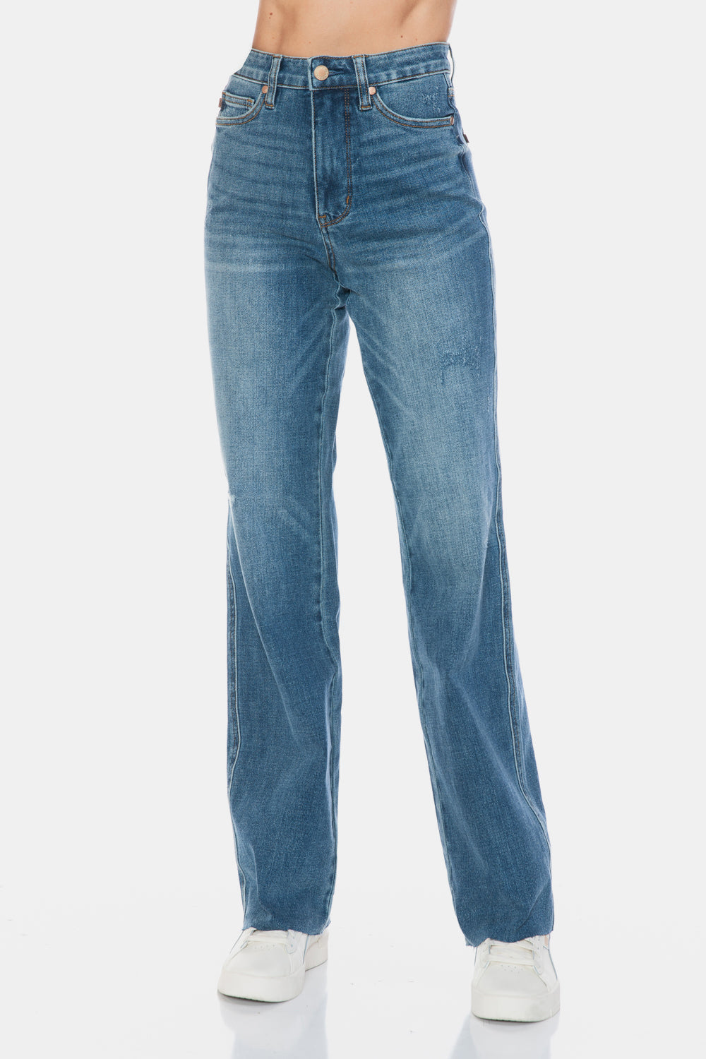Judy Blue Full Size Tummy Control Jeans With Raw Hem For Flattering Straight Leg Fit Plus Size Women
