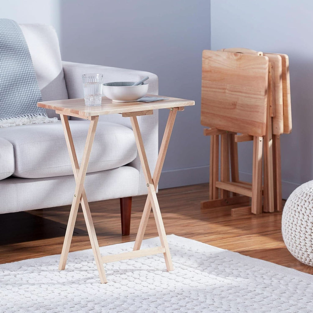 TV Dinner Tray Table Set of 4 With Storage Rack Natural