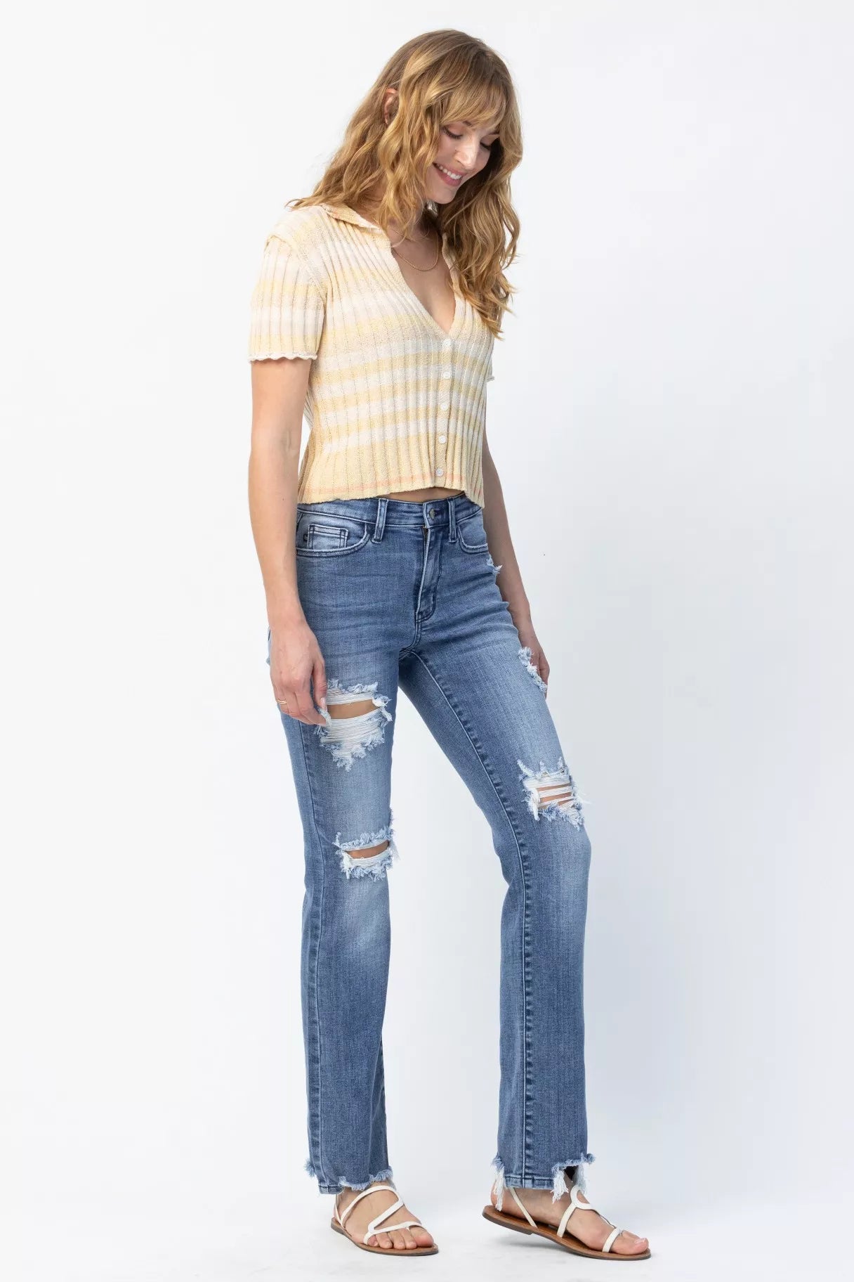 Judy Blue Plus Size Mid Rise Destroyed Straight Jeans Distressed Everyday Look For Women