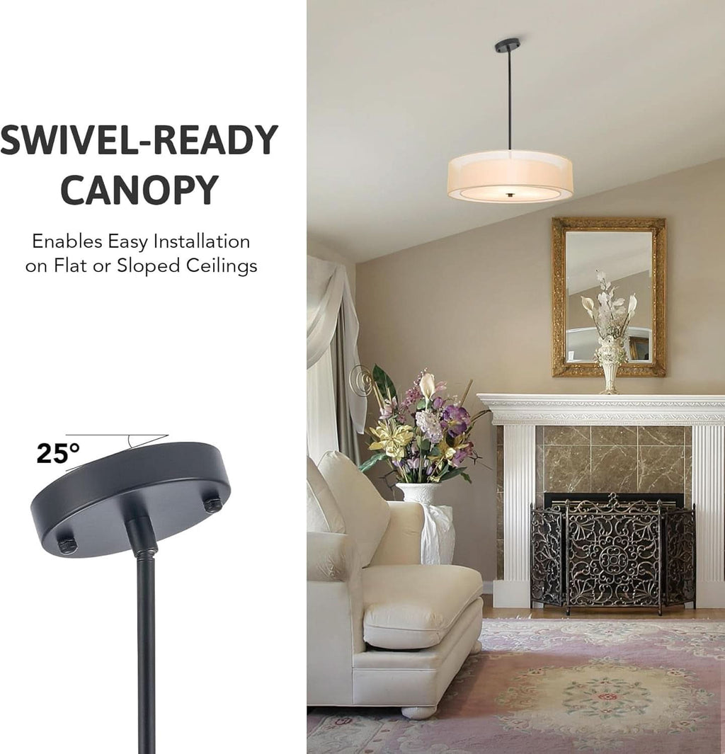 20 Inch Black Drum Pendant Light With Fabric Shade Three Light Matte Finish For Living Room