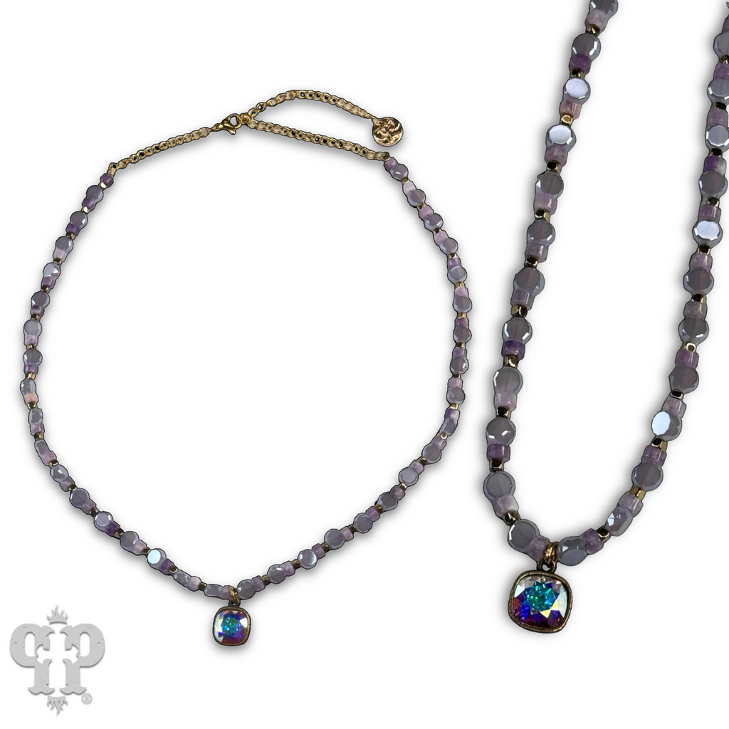 Lavender coinbead necklace with Austrian crystal - LC