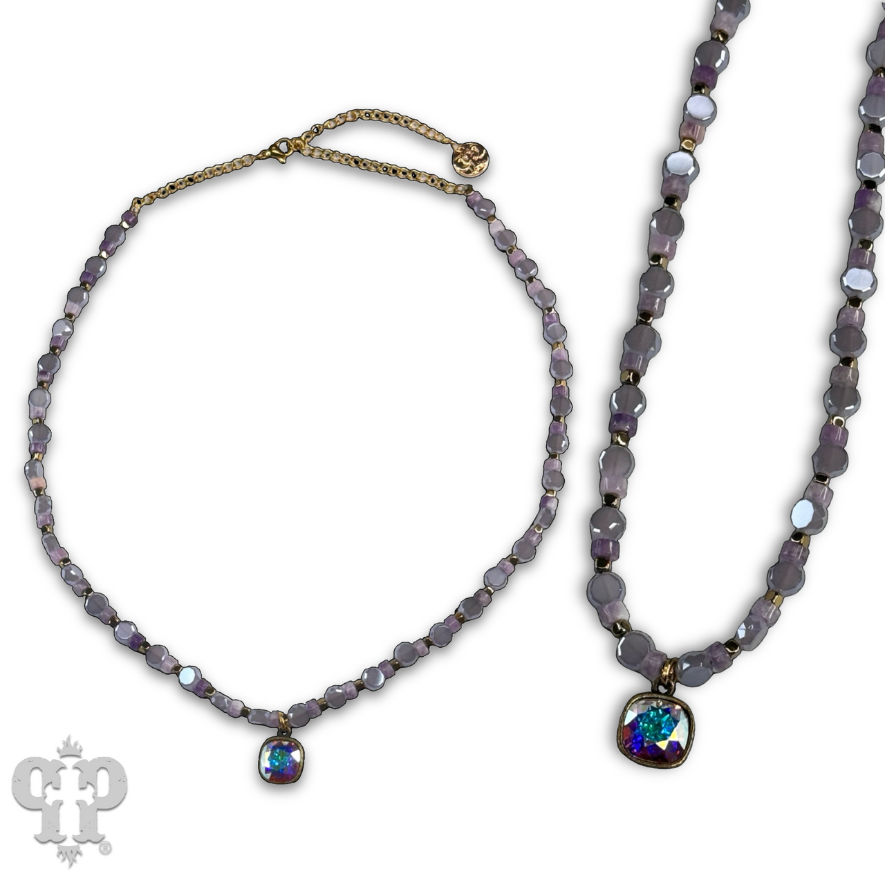 Lavender coinbead necklace with Austrian crystal - LC