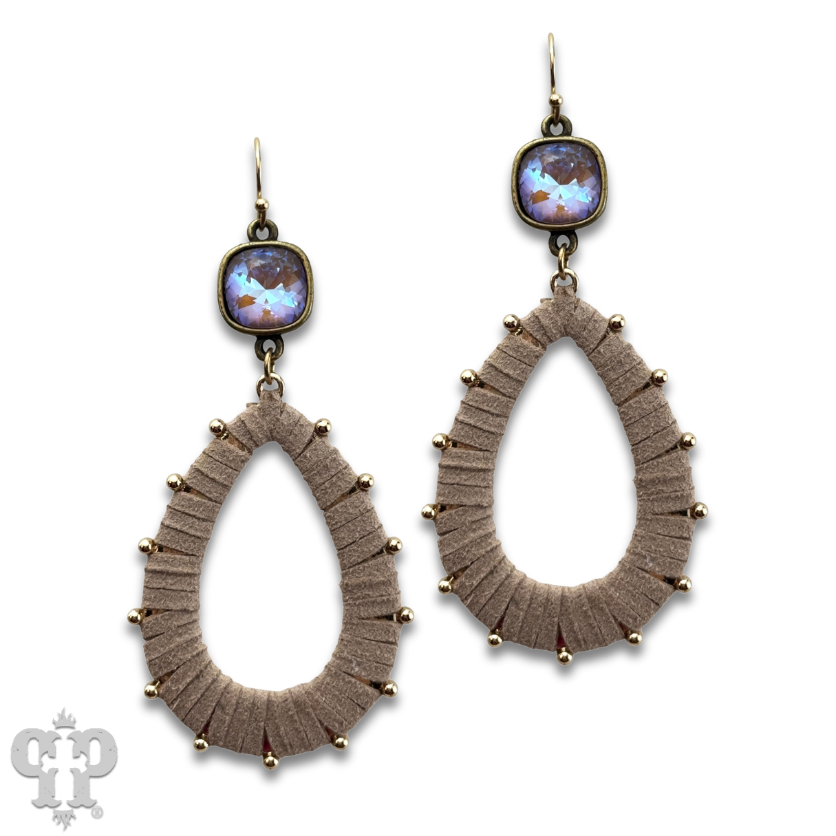Cream suede teardrop and Austrian crystal dangle earring - LC