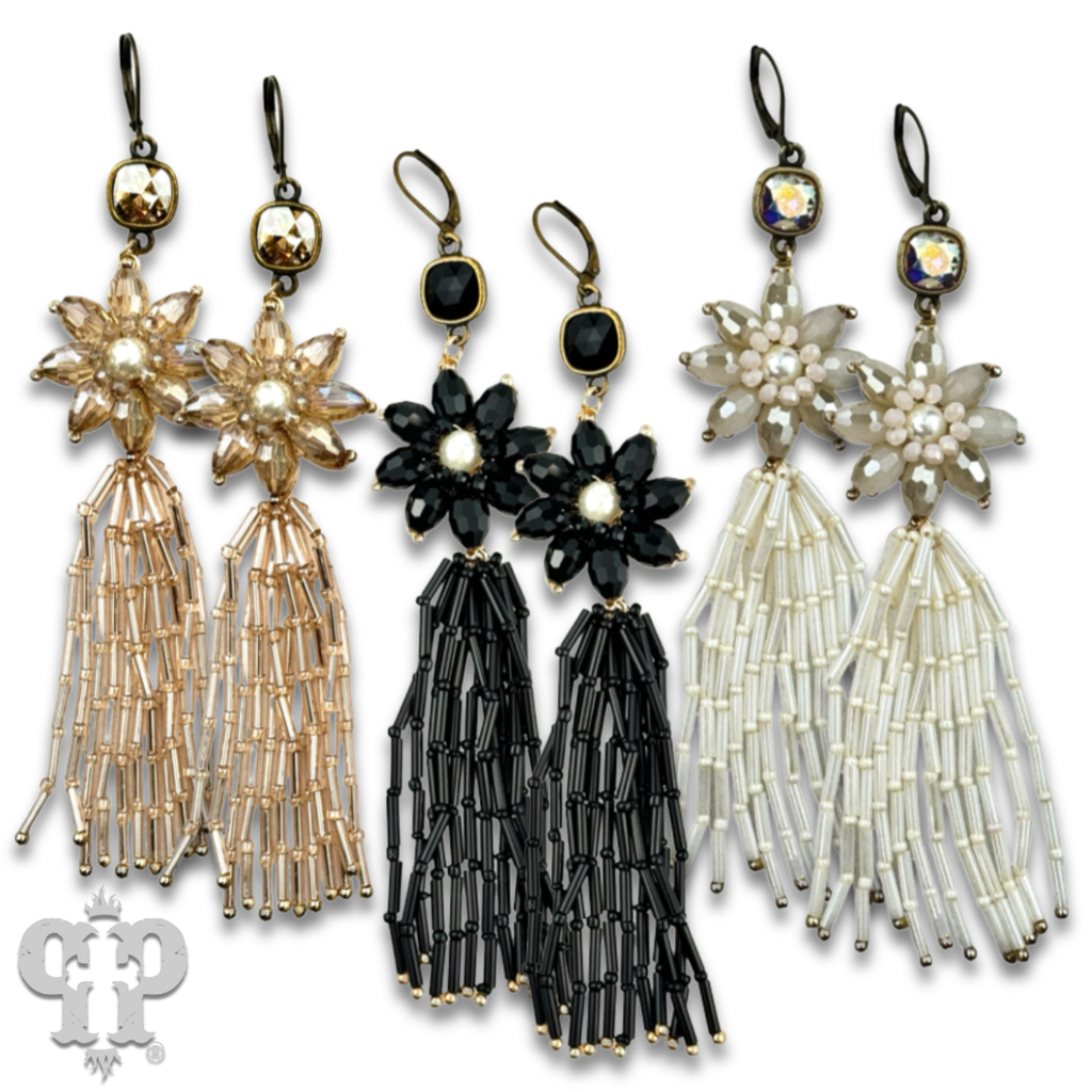 Flower and tassel chandelier statement earring, Austrian crystal - LC