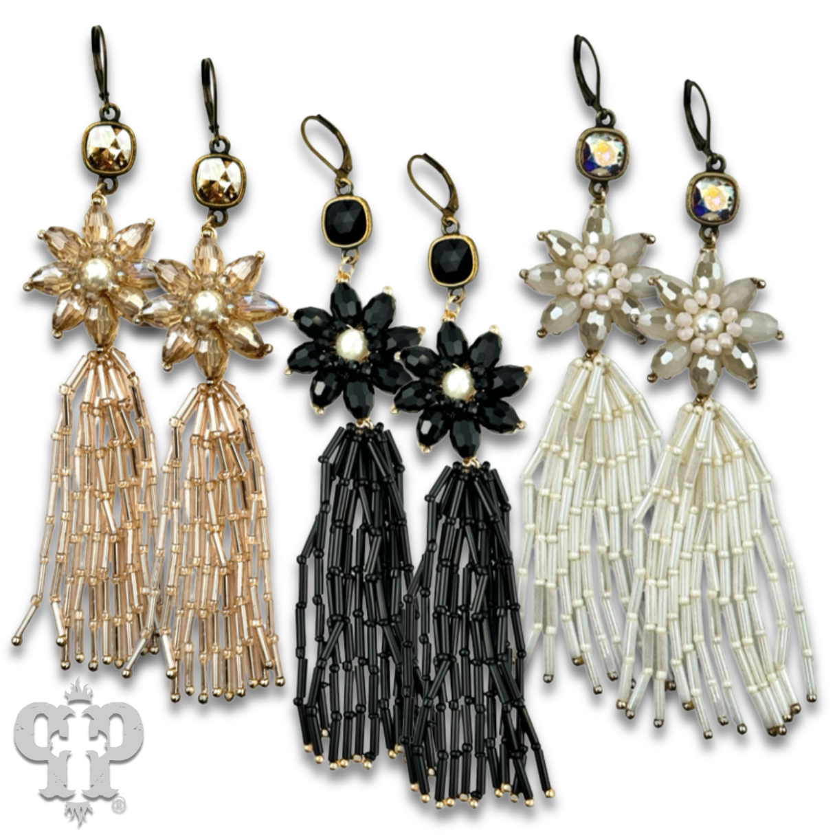 Flower and tassel chandelier statement earring, Austrian crystal - LC