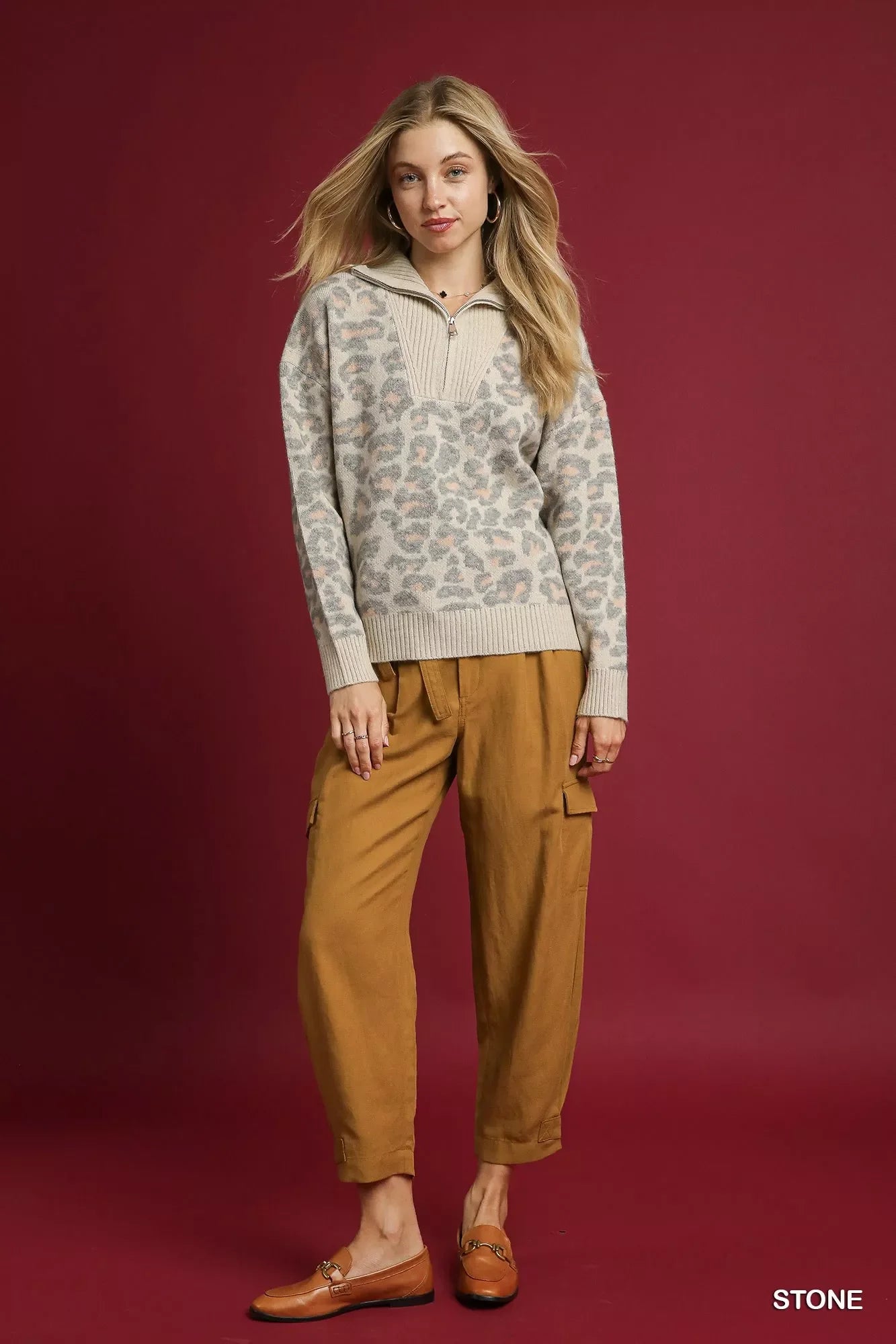 Umgee Leopard Print Quarter Zip Knit Sweater for Women Soft Relaxed Fit with Ribbed Cuffs