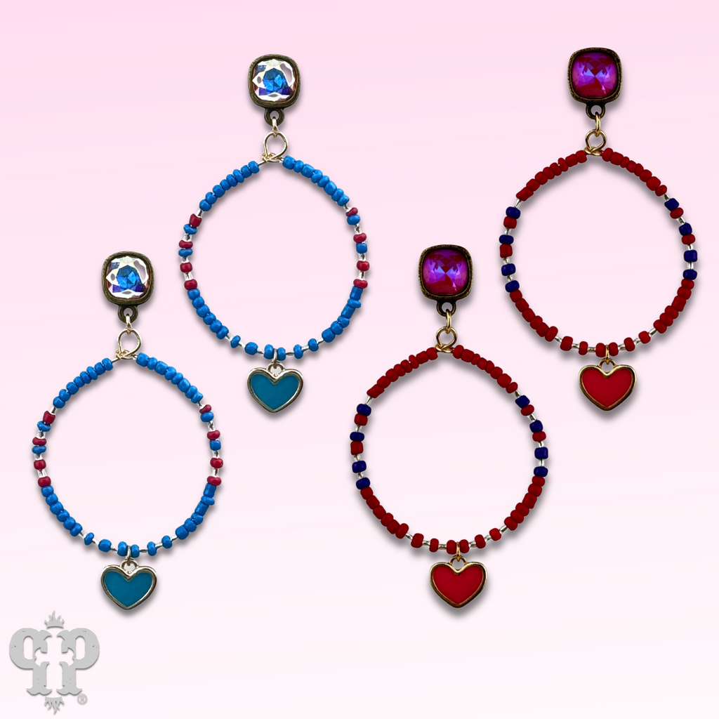 Enamel heart and seed bead earrings with Austrian crystal post