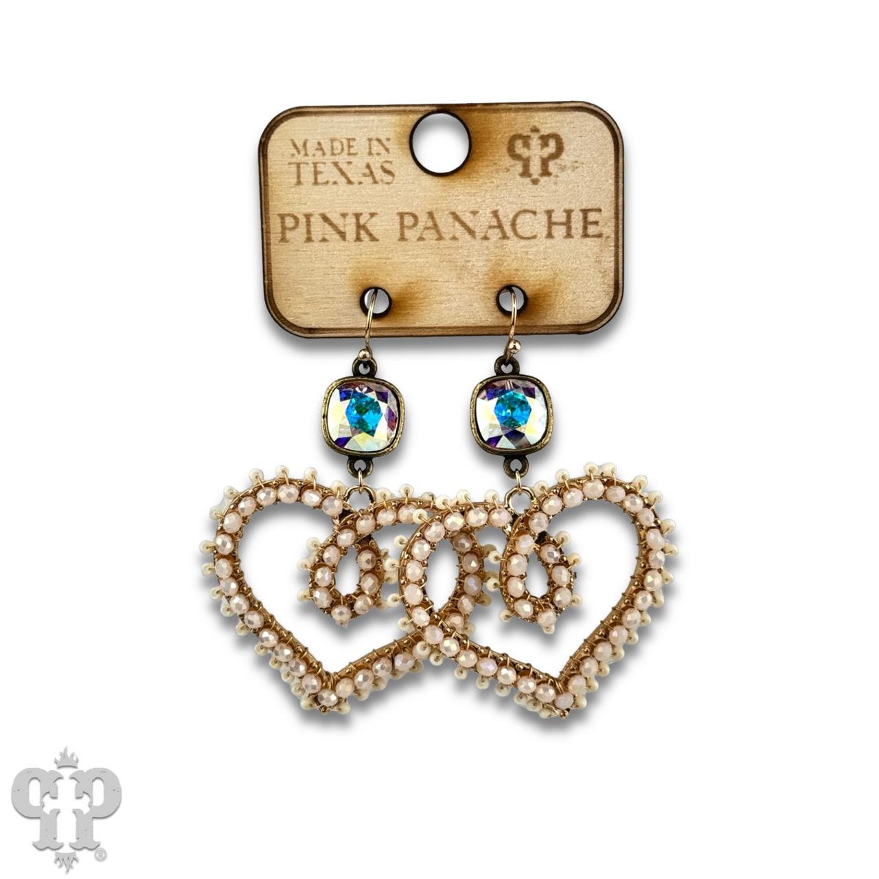 Bead wrapped scroll heart earrings with Austrian crystals