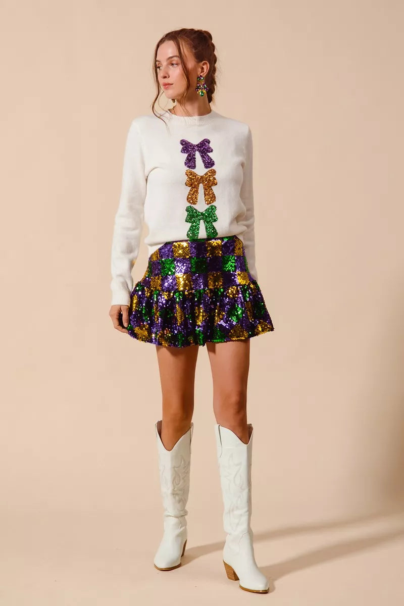 SO ME Mardi Gras Checker Sequins Mini Skirt For Women Sparkling Festive Party Statement