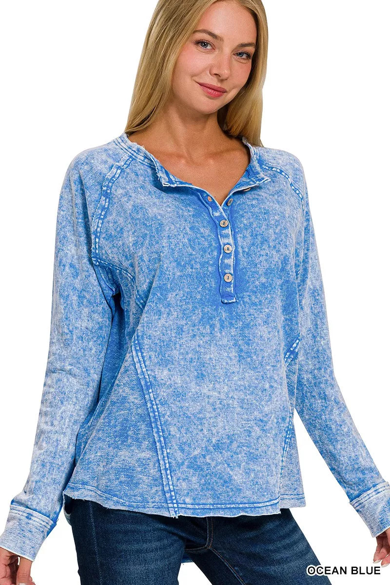Zenana Washed French Terry Half Button Top
