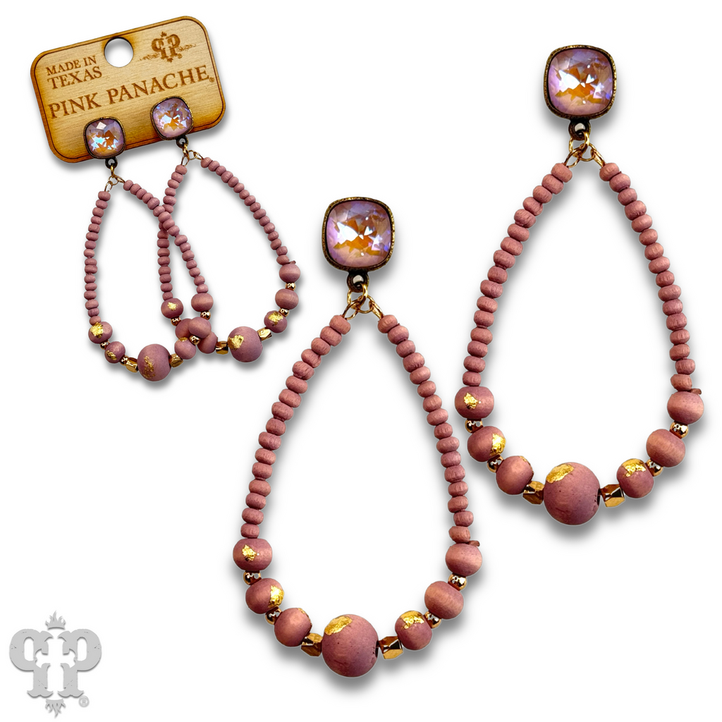 Graduated wood bead teardrop earring with Austrian crystal - LC