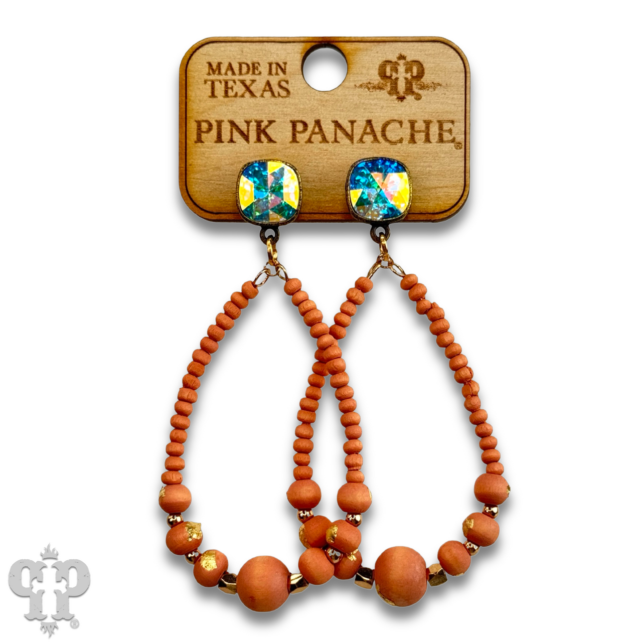 Graduated wood bead teardrop earring with Austrian crystal - LC