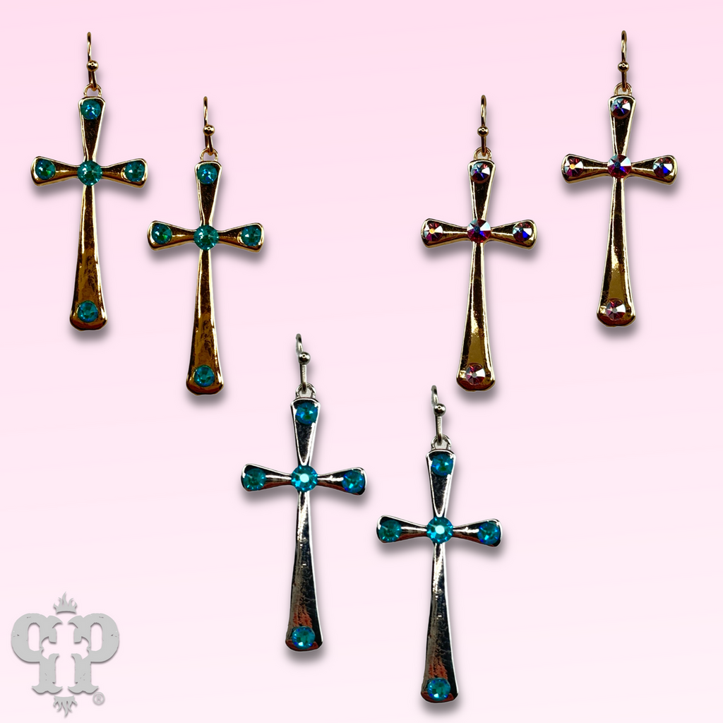 Shiny finish cross earring with Austrian crystals