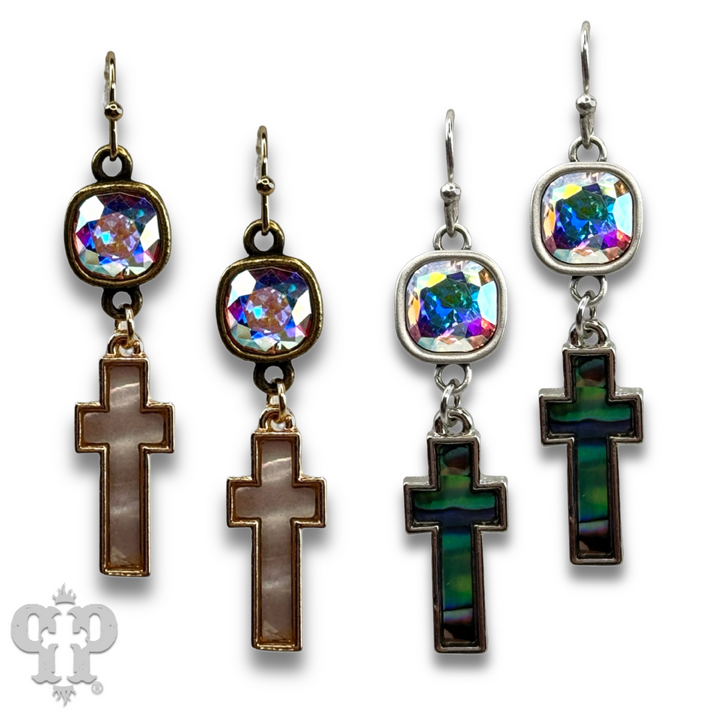 Pearl finish cross charm earring with Austrian crystal