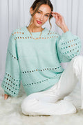 Round Neck Balloon Sleeve Open-Knit Crochet Sweater