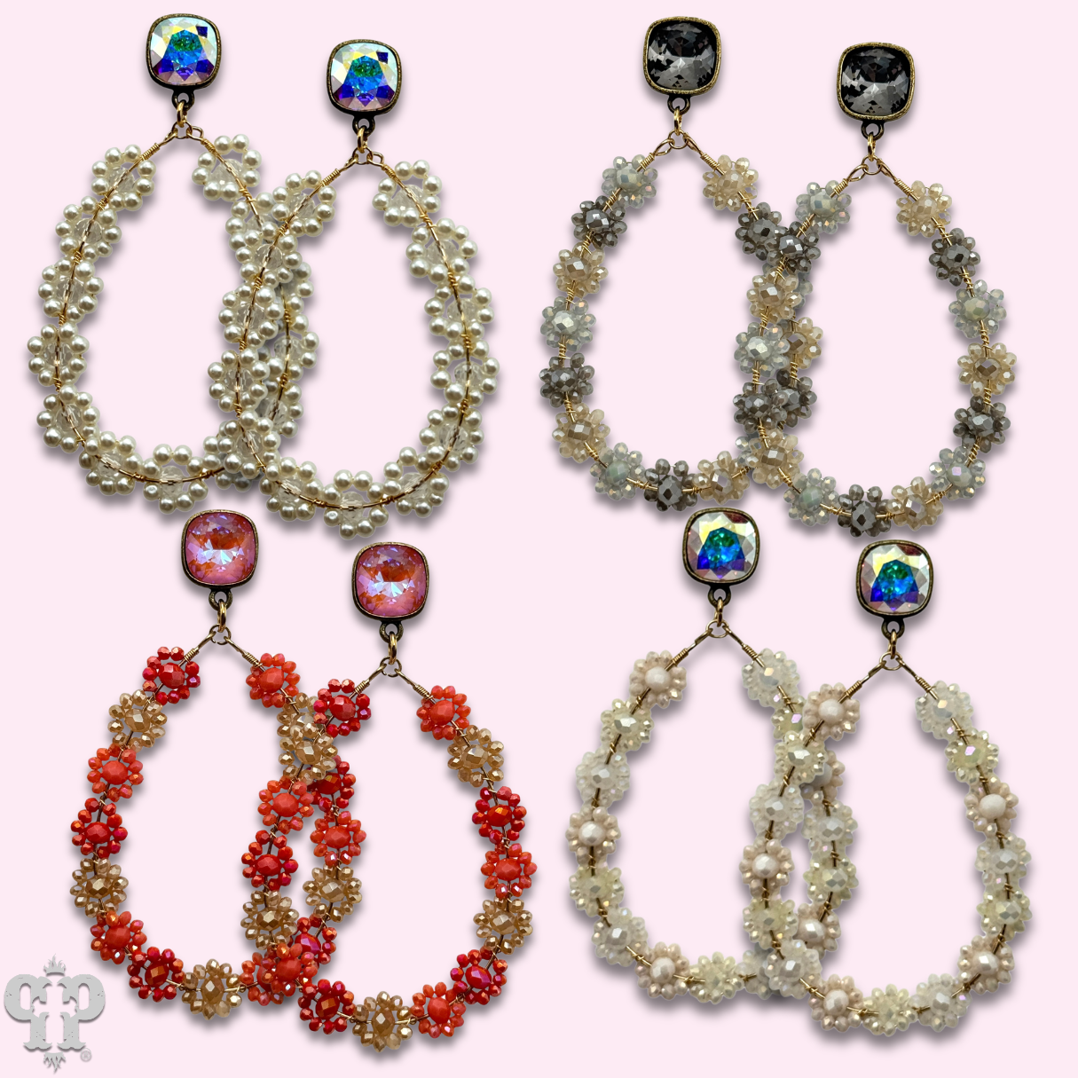 Bead woven flower teardrop earring, Austrian crystal - LC