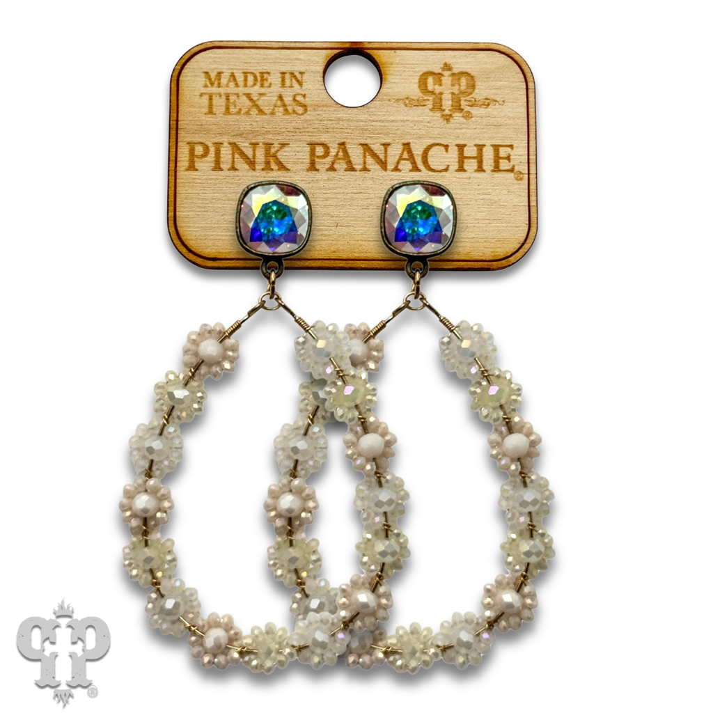 Bead woven flower teardrop earring, Austrian crystal - LC