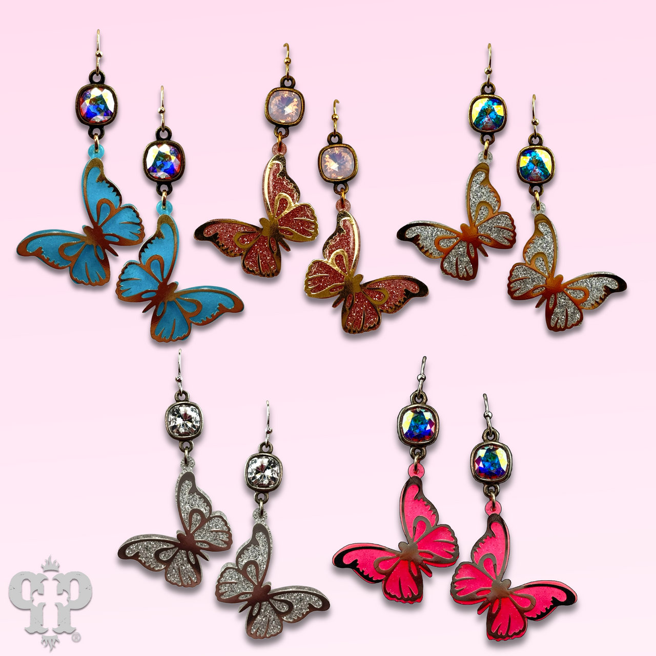 Glitter acrylic butterfly earring with Austrian crystal - LC