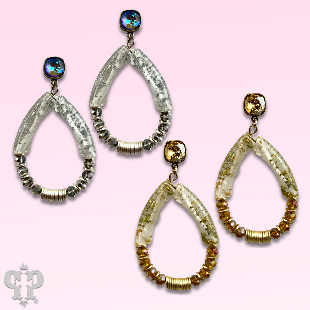 Bamboo tube and disc bead teardrop earring with Austrian crystal