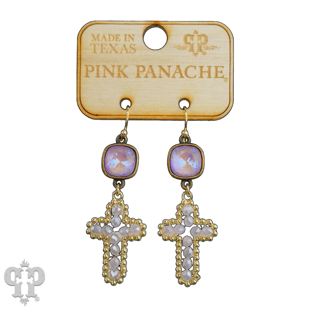 Wire wrapped bead cross earring with Austrian crystal