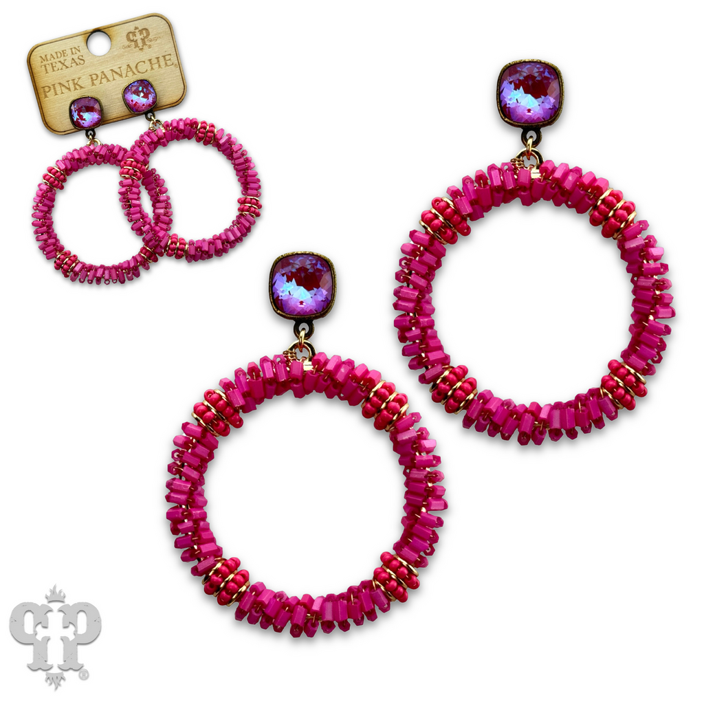 Seed and tube bead circle earring with Austrian crystal