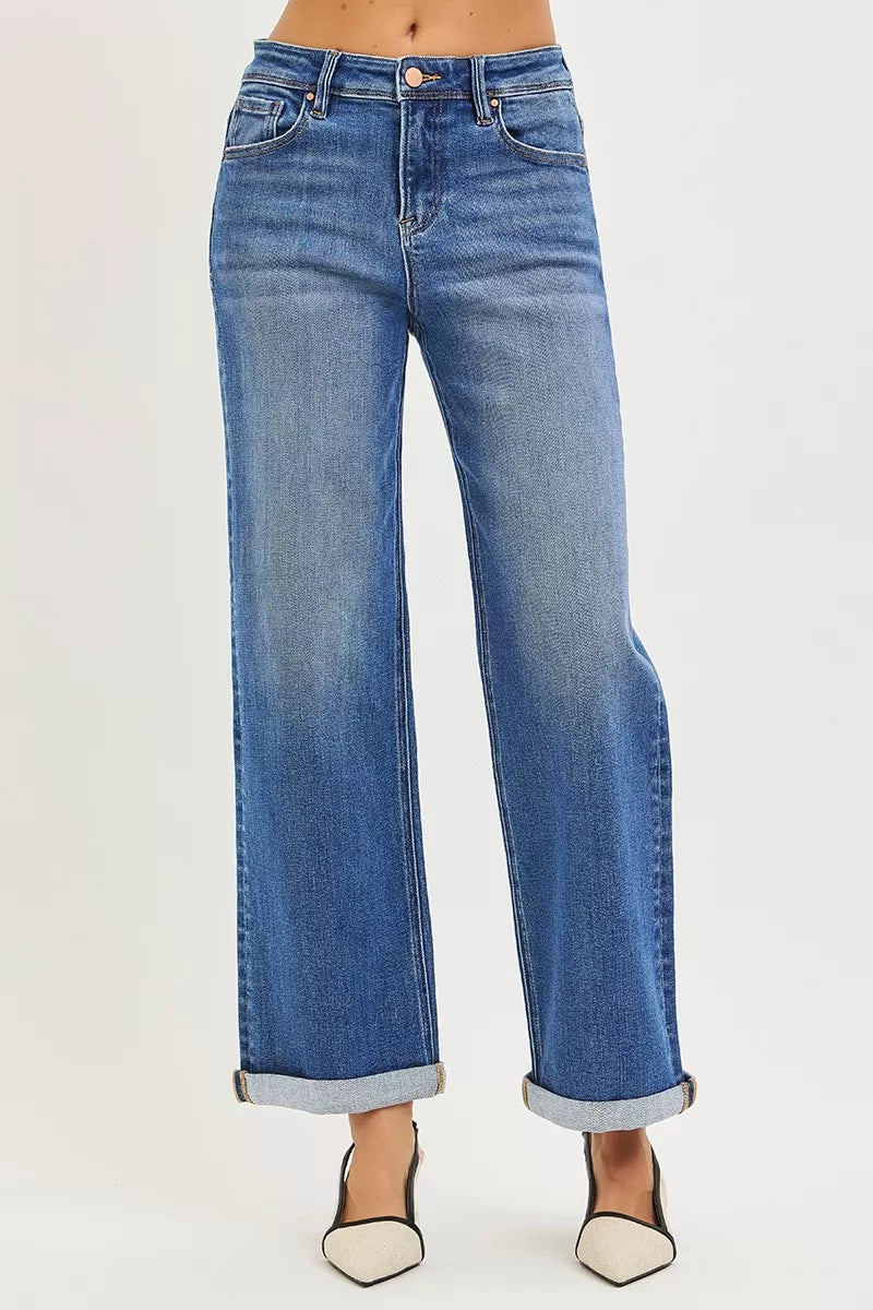 RISEN Plus Size High Rise Jeans With Relaxed Fit Ankle Straight Cuff For Everyday Comfort