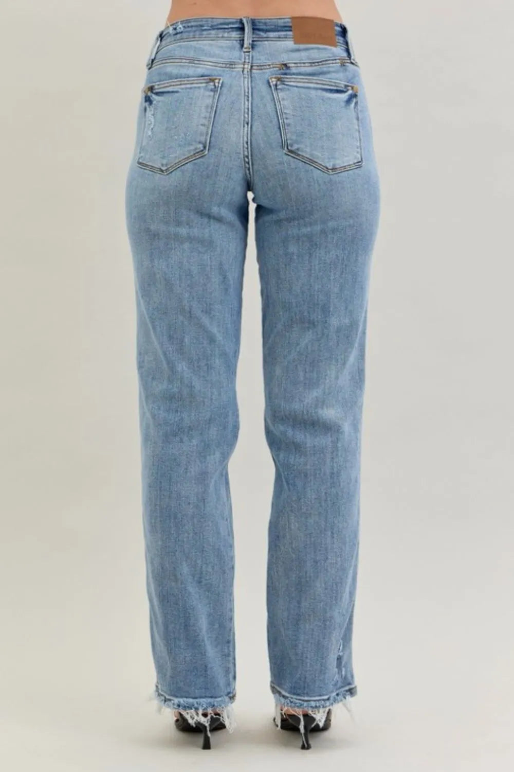 Judy Blue Women Frayed Hem Dad Jeans With Cell Phone Pocket High Waist Straight Leg Comfort