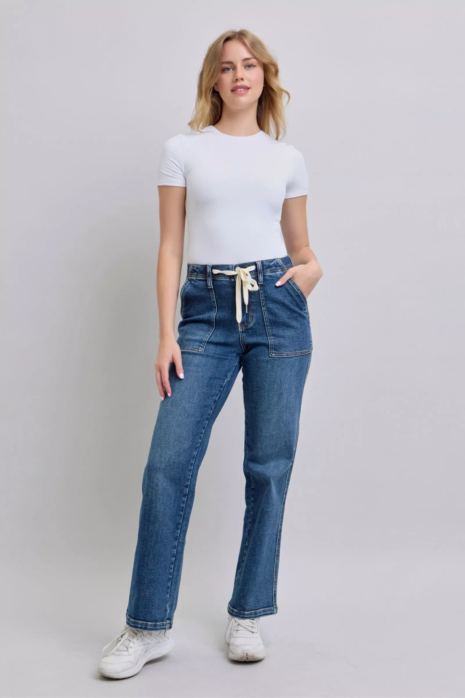 Judy Blue Drawstring Straight Jeans With Pockets For Women Comfort Fit Everyday Denim