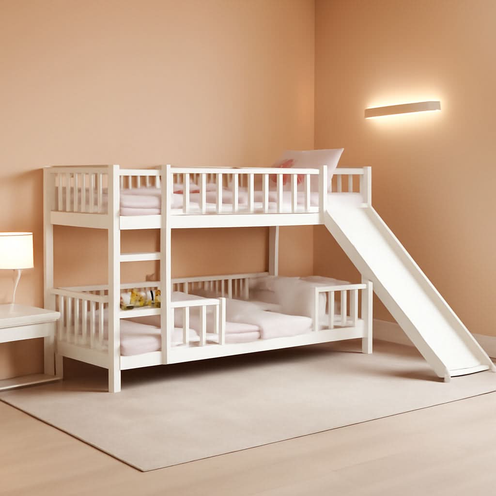 Twin Low Bunk Bed With Openable Fence And Slide White