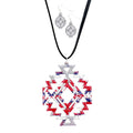 Enamel Aztec Pattern Pendant Leather Long Necklace Earrings